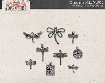 Silver Dragonfly Charms, Dragonfly Pendants, Commercial Use OK, Silver Bugs, Digital Download, Nautical Scrapbook Elements, Spring, Summer