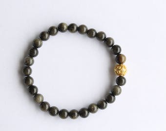 Men's Bracelet, Black Labradorite with Gold Bali Bead