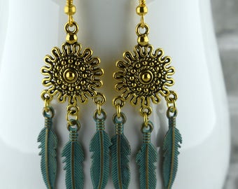 Gold feather earrings, Gold Bohemian earrings, Native American jewellery, Tribal earrings, Ethnic jewelry, Student gift, Boho earrings, UK