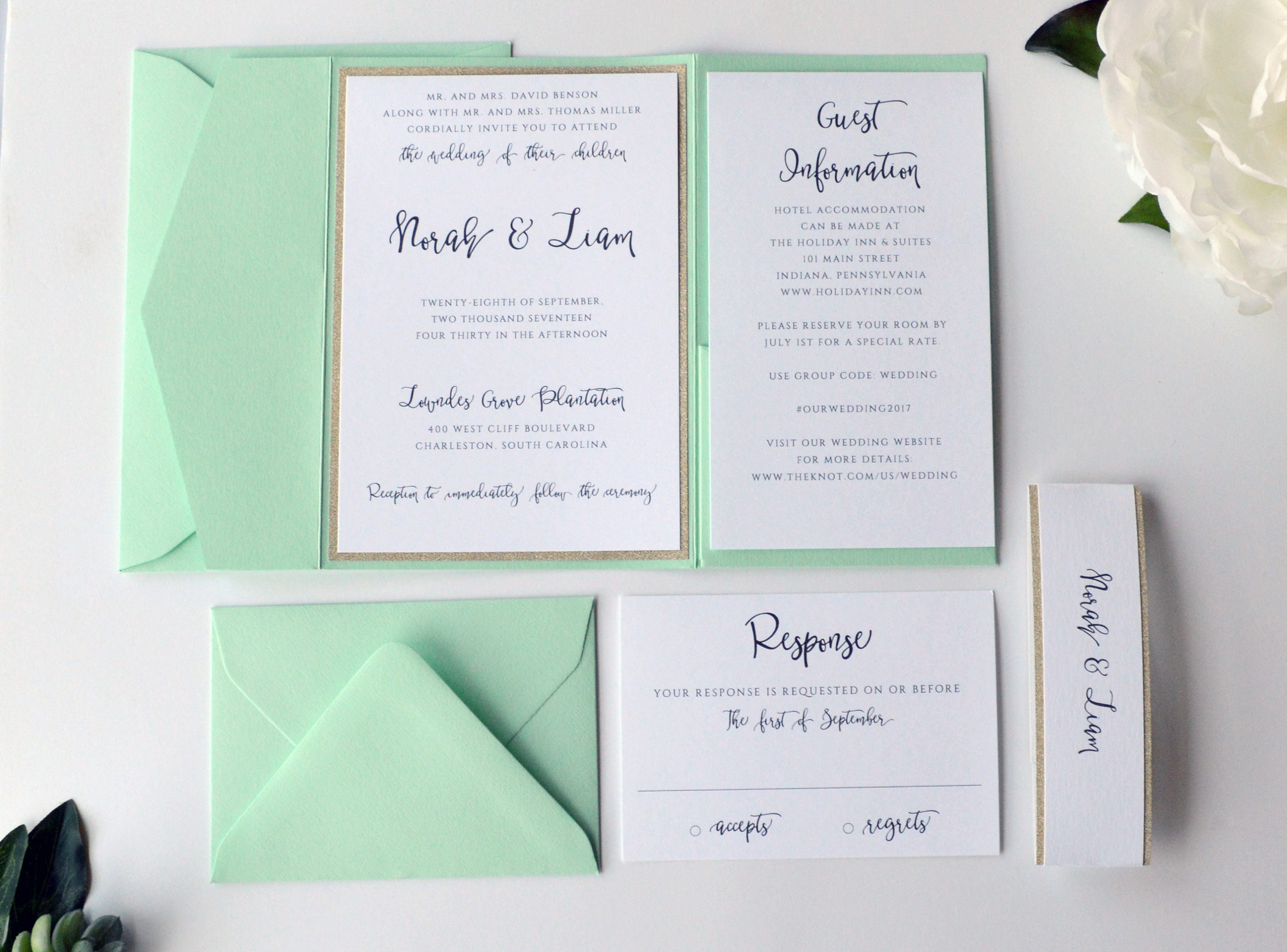 Mint Wedding Invitation Gold Glitter Invitation Mint and