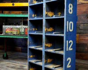 Vintage Primitive Wood Sorting Cabinet Industrial Blue Numbered Shelves Cubby Holes Shelving Unit Antique