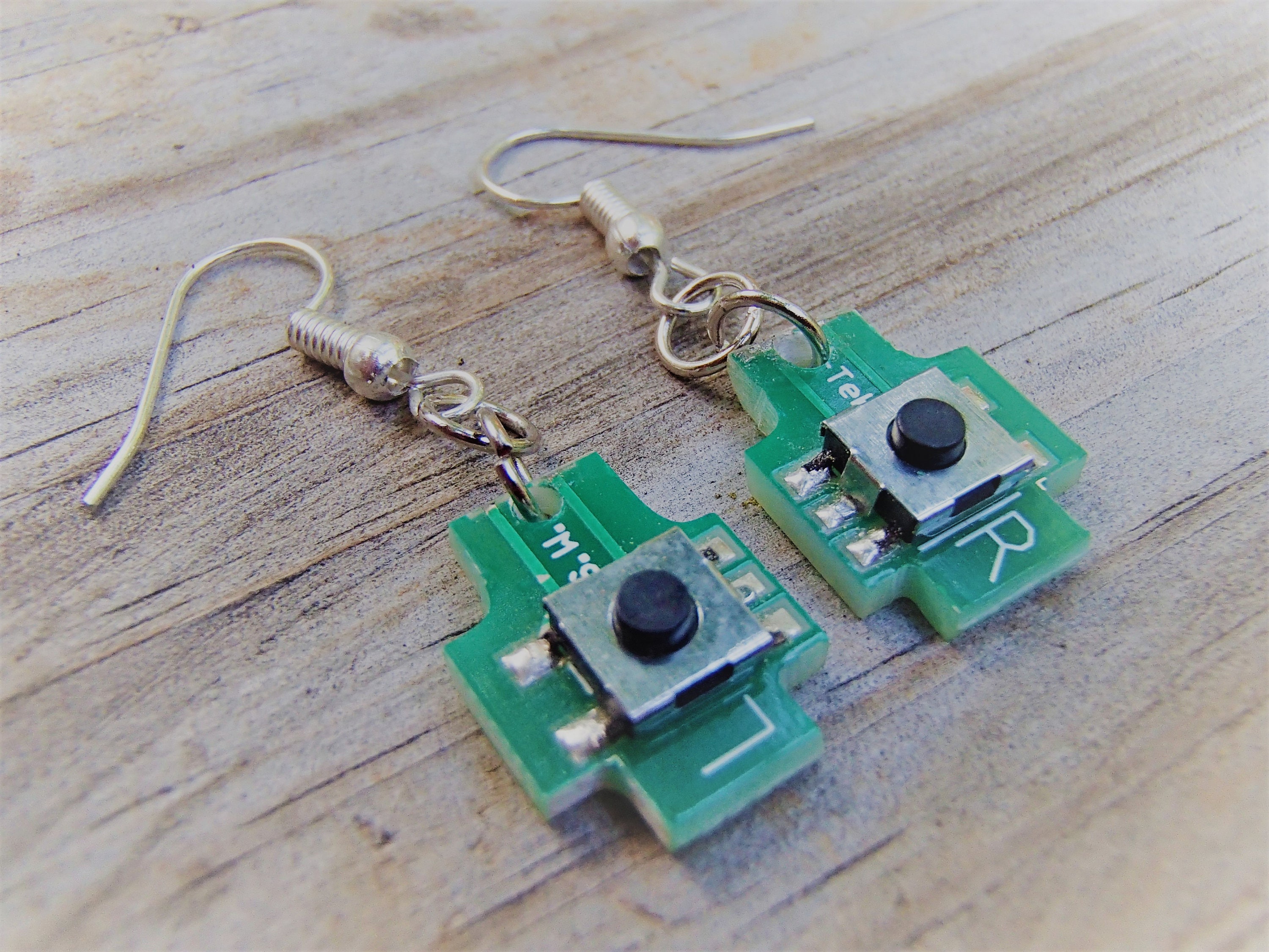 Earrings REcycled from Circuit Board. Stamped L left & R.