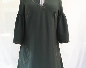 Kaki dress with neon orange stitches - summer kaki dress - tunic dress - Hand made - Made in France