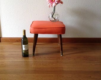 Vintage Orange Stool, Mid Century Modern Stool, Upholster Stool, Square Stool, Bench, Ottoman