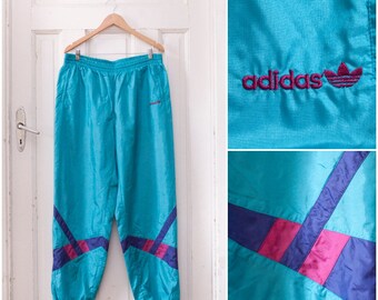 80s Retro Adidas Pants Neon Tracksuit Pants Mens Large Shell Suit Trousers Womens XL Sports Pants Blue Sweatpants Tall Baggy Adidas Bottoms
