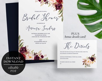 Printable Marsala Bridal Shower Invitation | Editable Template | Floral Kitchen Tea Invitation | Burgundy Flowers | Marsala Flowers Invite