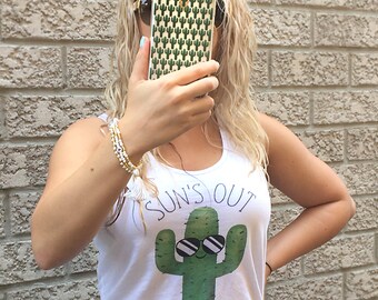 Sun's Out Guns Out - Satin Jersey Ladies' Shirttail Tank - Funny Workout Women Tanks Exercise Working Out Gym Shirt Cactus Cacti Succulent