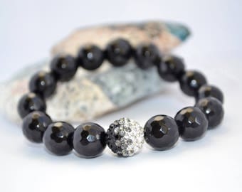 SALE Statement Bracelet Black Agate Bracelet Shamballa Bracelet Black Bead Boho Bracelet Statement Jewelry