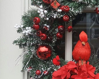 Cardinal Wreath, Christmas Wreath, Winter Wreath,Red and White Wreath, Holiday Wreath, Christmas Decor, Front Door Wreath