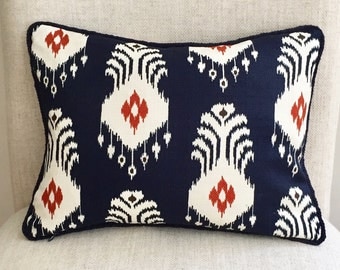 Blue and white 12 x 16 Ikat lumbar designer pillow with decorative blue trim, stain resistant decorative pillow, throw pillow, cushion