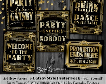 Gatsby 5 Poster Pack - INSTANT DOWNLOAD - Printable Wedding & Birthday Party Art Deco 1920s Sign - 3 sizes of each design included