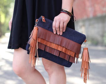 Boho handbag - Denim Clutch Bag - Girlfriend gift - Crossbody bag - Gift idea for her - Crossbody Purse - Bohemian Clutch - Brown