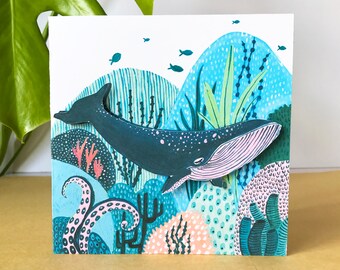 Blue Whale Greetings Card, 3D card, Birthday Card, Children's Card, Blank greetings card.