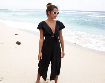 NEW! Chic Womens Summer French Linen Jumpsuit | Tie Front Linen Ladies Romper | Linen Jumpsuit Summer | BLACK | Culotte Pant | Long