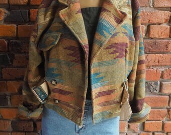 Women's 80s Beige Brown Green Aztec Print Cropped Jacket With Waist Belt Size Medium