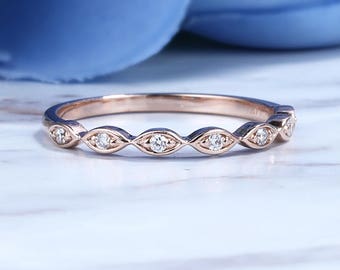 Rose Gold wedding band women Art deco diamond ring vintage Marquise Minimalist Half eternity band Bridal antique dainty Stacking Promise