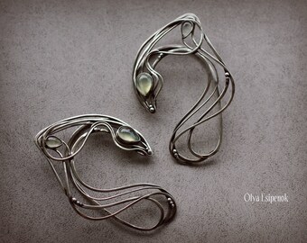 Ear cuff Elf jewelry Prehnite gemstone Prehnite jewelry Nickel silver wire Fantasy inspired Wire wrap jewelry Wrapped ear cuff Elf fantasy