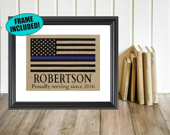 Framed Burlap Police Officer Gift - Proudly Serving Since - Police Officer Decor - Policeman Gifts - Thin Blue Line Flag - Gifts For Cops