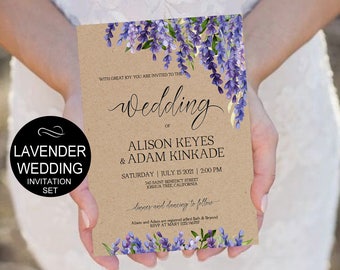 Lavender Wedding Invitation Template Set-Purple Flowers Watercolor Kraft Invite-DIY Printable Invitations-PDF-Download Instantly | VRD138KAF
