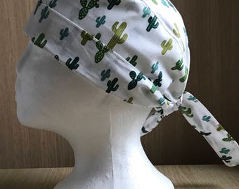 Surgical Theatre Scrub Hat/Cap One Size, Tie Back, Cactus Print, Green