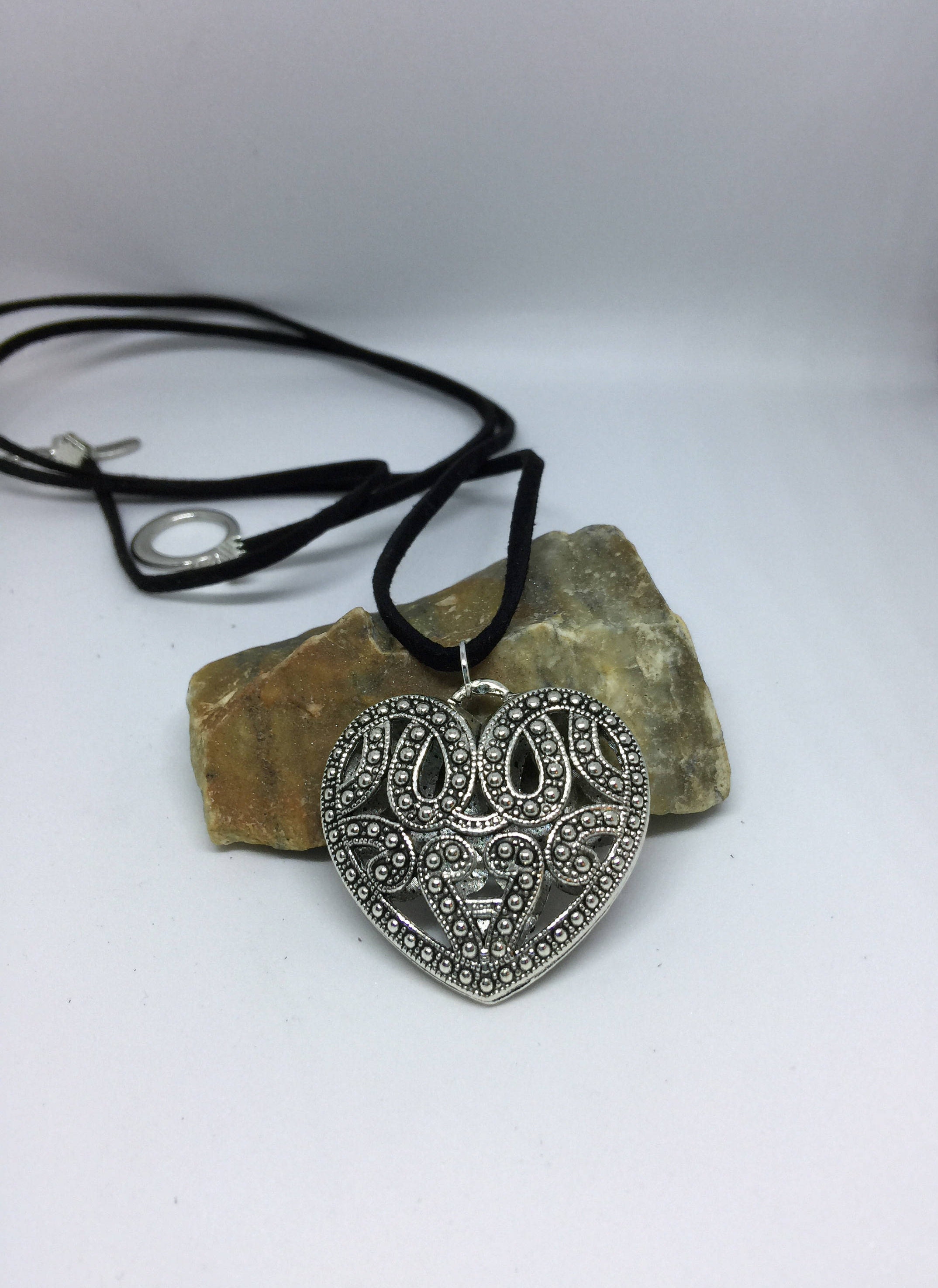Leather Necklace Heart Necklace Silver Heart Necklace