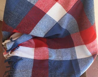 Vintage Faribo Throw Stadium Blanket Picnic Blanket Red White Blue Tartan 4th of July