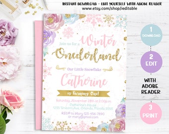 Winter Onederland Invitation Snowflake Birthday Invite Pink And Gold Purple Instant Download Winter Onederland Invitation Snowflake Birthday Invite Pink And Gold Purple Instant Download