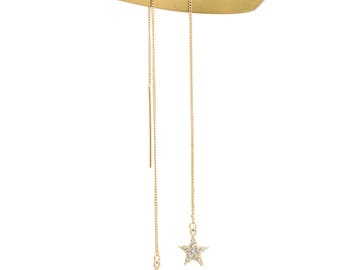 Gold Star Threader Earrings, Star Dangling Earrings, Chain Threader Earrings, Long Chain Earrings, Star Stud Earrings, Pull through Earrings