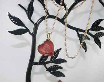 Red antique brass, rhinestone trilogy heart PENDANT