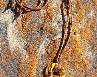 Orange Coral Doughnut-shaped Pendant with Copper Wire