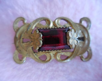 Ruby Red Art Nouveau Floral Scrolled Brass Brooch with Faux Ruby Red Faceted Stone and Gold Wash