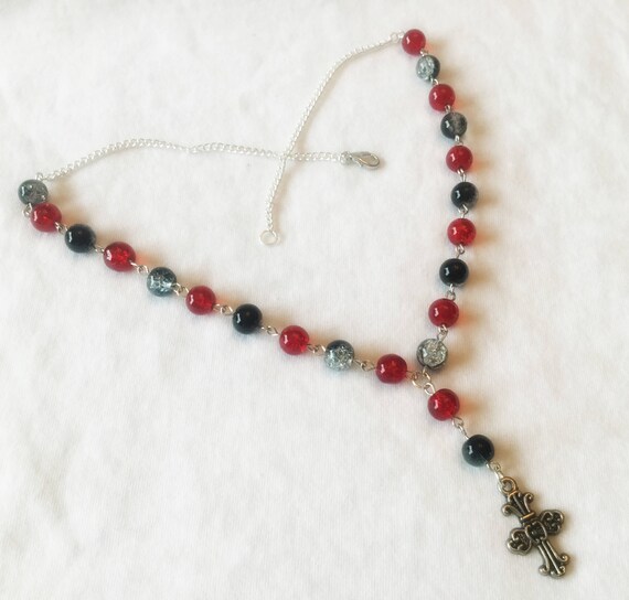 Metal Silver Cross Charm Y Necklace with Black and Red Glass