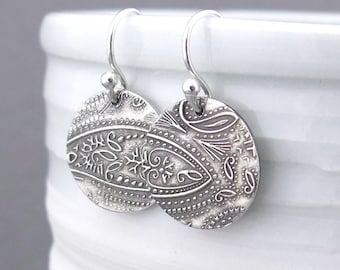 Silver Drop Earrings Dangle Silver Earrings Paisley Earrings Silver Circle Earrings Bohemian Jewelry Holiday Gift for Her
