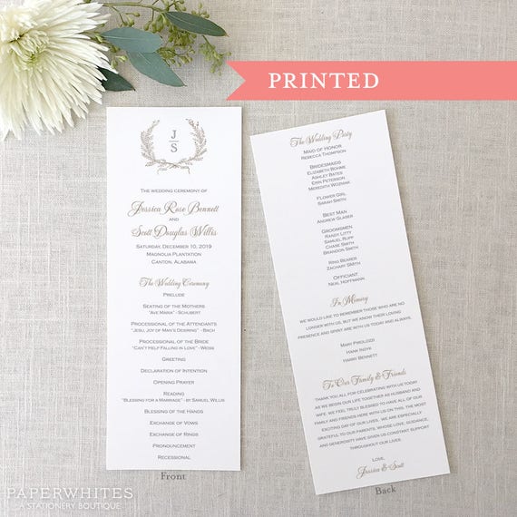 Printed Laurel Wreath Ceremony Program Wreath Monogram