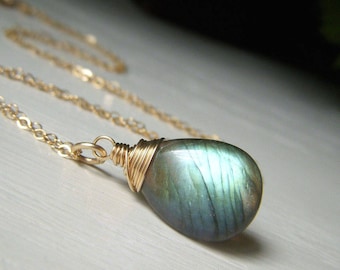 Fiery Labradorite Necklace, Gold Filled Chain, Wire Wrapped Minimalist Briolette Pendant, Genuine Labradorite Jewelry