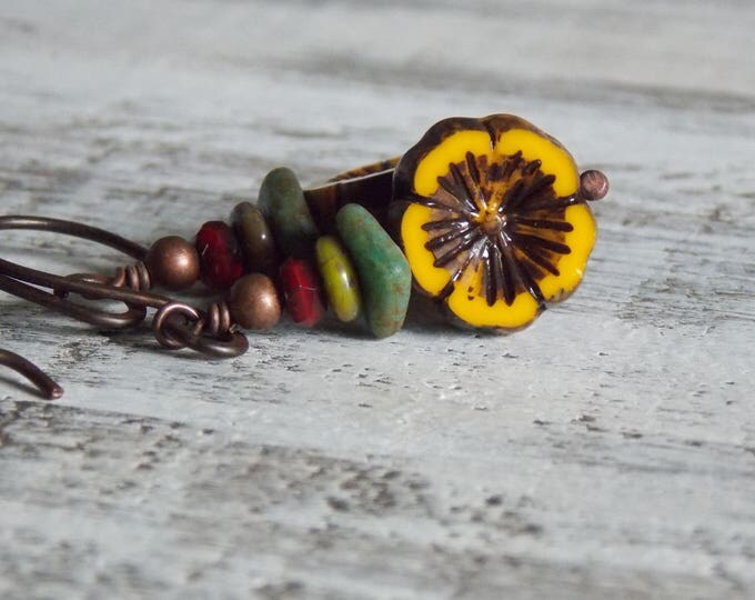 Yellow Flower Boho Earrings Dangle Czech Glass Oxidized Copper Metal Hawaiian Rustic Bohemian Earrings Jewelry Woodland Earrings