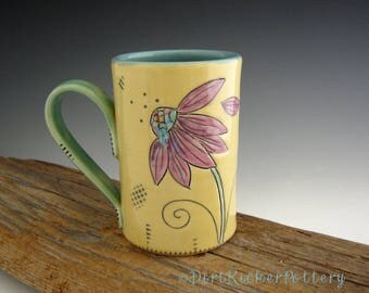 Pottery Mug - He Loves Me Inscribed - Coffee Mug - Echinacea Flower Mug - by DirtKicker Pottery