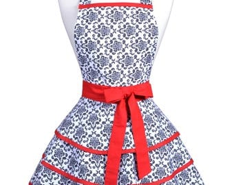 Womens Ruffled Retro Apron . Black and White Damask with Red Womans Cute Vintage Pin Up Flirty Kitchen Apron to Personalize or Monogram (CS)