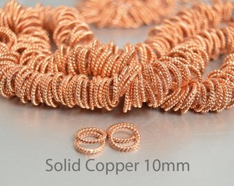 20 Solid Copper Rings, 10mm Soldered Jump Rings, Twisted Rope Rings In Shiny Copper, Copper Links, Twisted Links, Stitch Markers