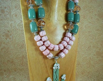 Western Cowgirl Statement Necklace Set - Chunky Pink Howlite - Saguaro Cactus Pendant
