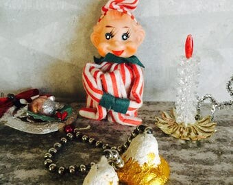 Vintage Elf Pixie Knee Hugger Shelf Sitter Red and White Striped Flannel Suit