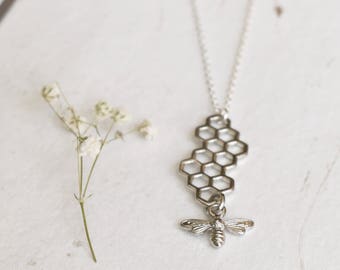 Silver Bee and Honeycomb Necklace, Honey Bee Necklace, Charm Necklace, Insect Jewellery, Drop Necklace, Teacher Gifts, Gift For Her