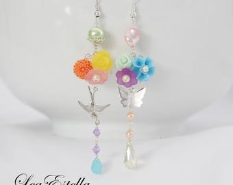Asymmetrical earrings Rainbow earrings Pastel floral earrings Garden earrings Bird earrings Butterfly Earrings - Somewhere Over The Rainbow
