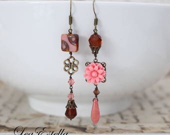 Pink Rustic earrings Asymmetrical earrings Earthy earrings Pink Floral earrings Woodland Earrings Gypsy earrings Autumn earrings - Rust