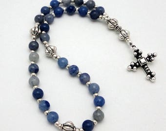 Protestant Prayer Beads / Anglican Rosary in Blue Aventurine with TierraCast Pewter Cross
