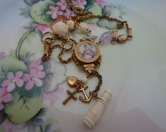 PAINTED LADY Victorian watch chain antique assemblage necklace so vintage