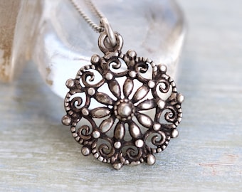 Gothic Flower Necklace - Sterling Silver Medallion and Chain