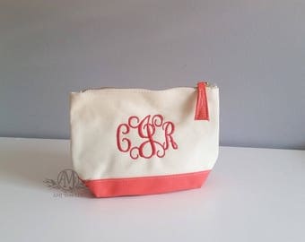 Personalized Cosmetic Bag, Monogramed coral Make-up bag, personalized Bridesmaid gift, mother's day gift,