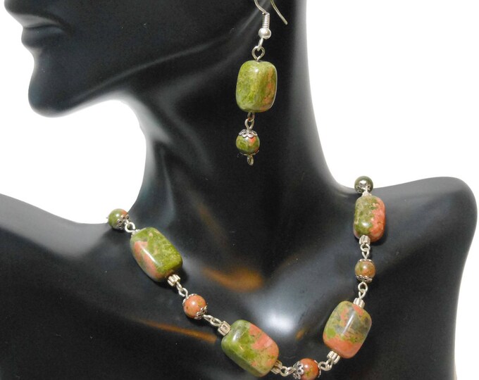 Unkite gemstone necklace and earrings, green and pink, handmade sterling silver and Unakite wire wrapped necklace and french wire earrings