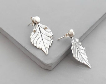 Sterling Silver Ear Jacket Earrings - Front Back Earrings - Jacket Earrings - Silver Stud Earrings - Leaf Earrings - Double Sided Earrings